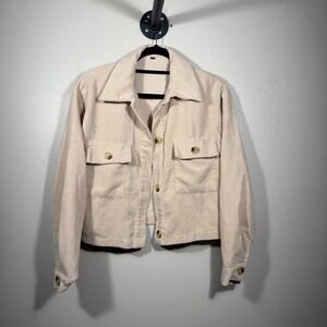 Womens Corduroy Jacket Small Beige Collared Button‎ Down Cropped Coat